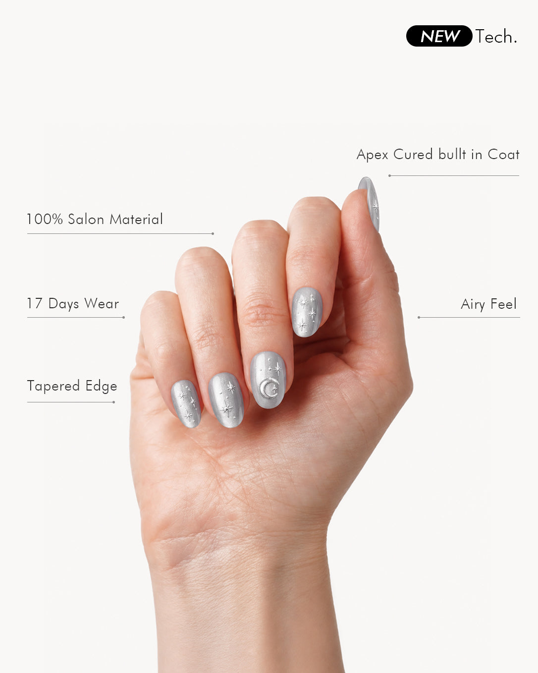 VSALON Moonlight Sonata short oval press-on nails showing a comfortable fit with a glossy gel finish and winter-inspired design.