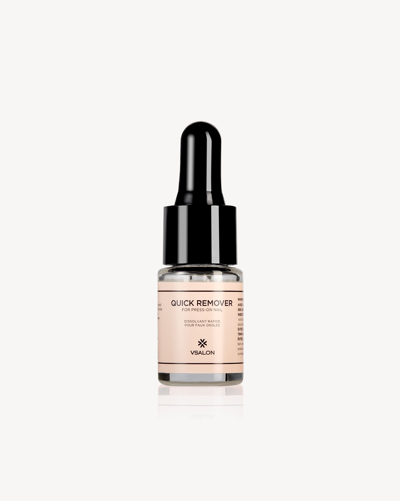 Close-up of VSALON press on nail remover bottle – nourishing and acetone-free formula