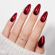VSALON Nourishment Nails “Bourgogne Glide” Red Short Almond Press On Nails – model wearing.