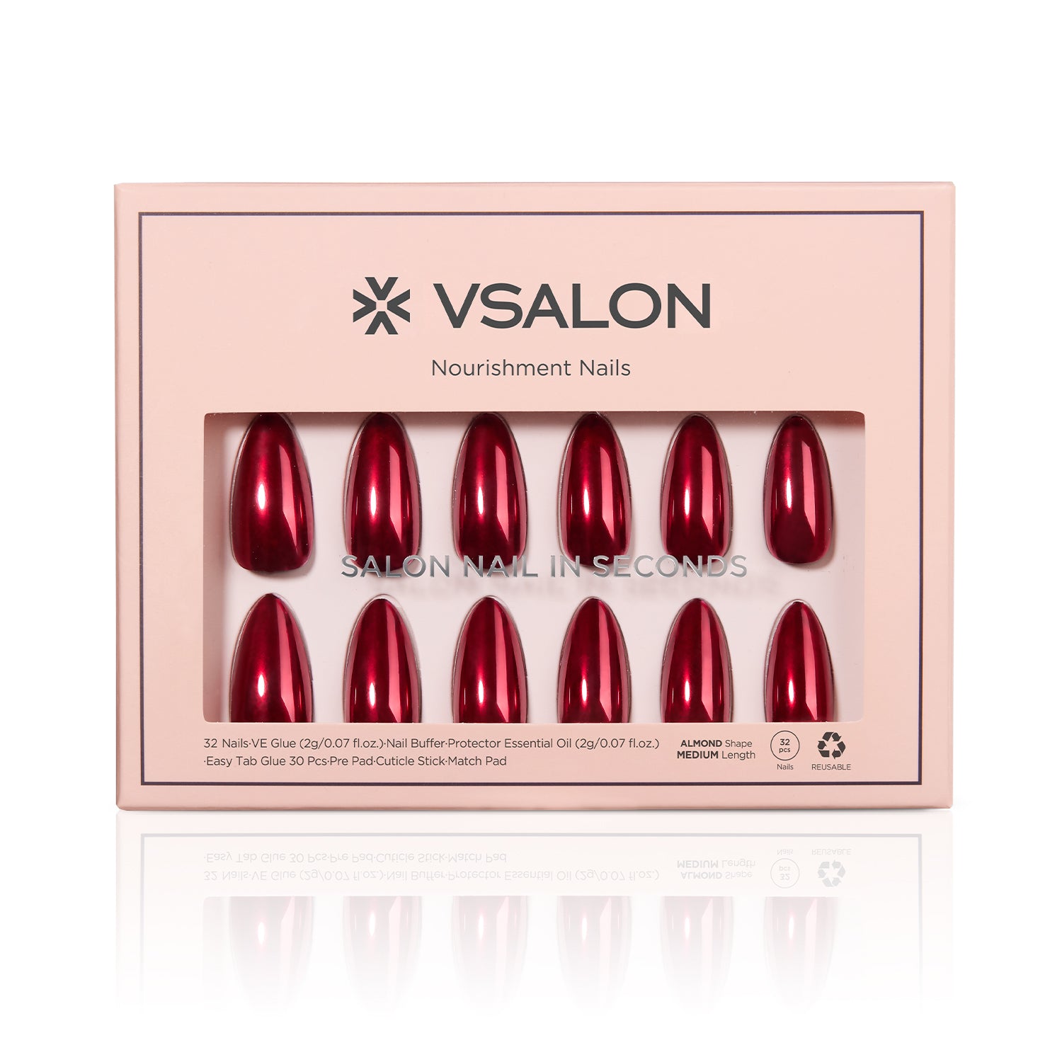 VSALON Nourishment Nails “Bourgogne Glide”Red Short Almond Press On Nails – glossy, soft-gel finish.
