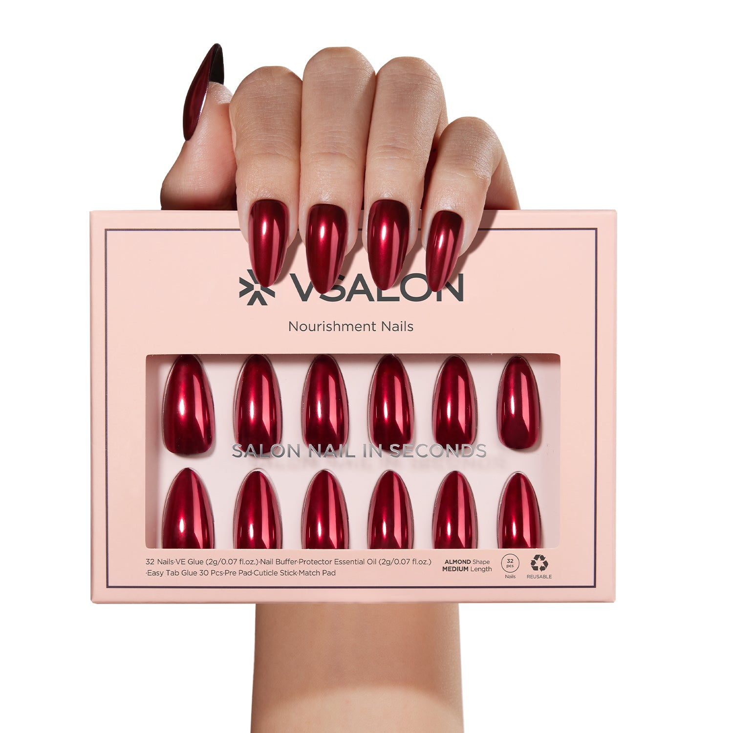 VSALON Nourishment Nails “Bourgogne Glide”Red Short Almond Press On Nails – durable, easy to apply at home.