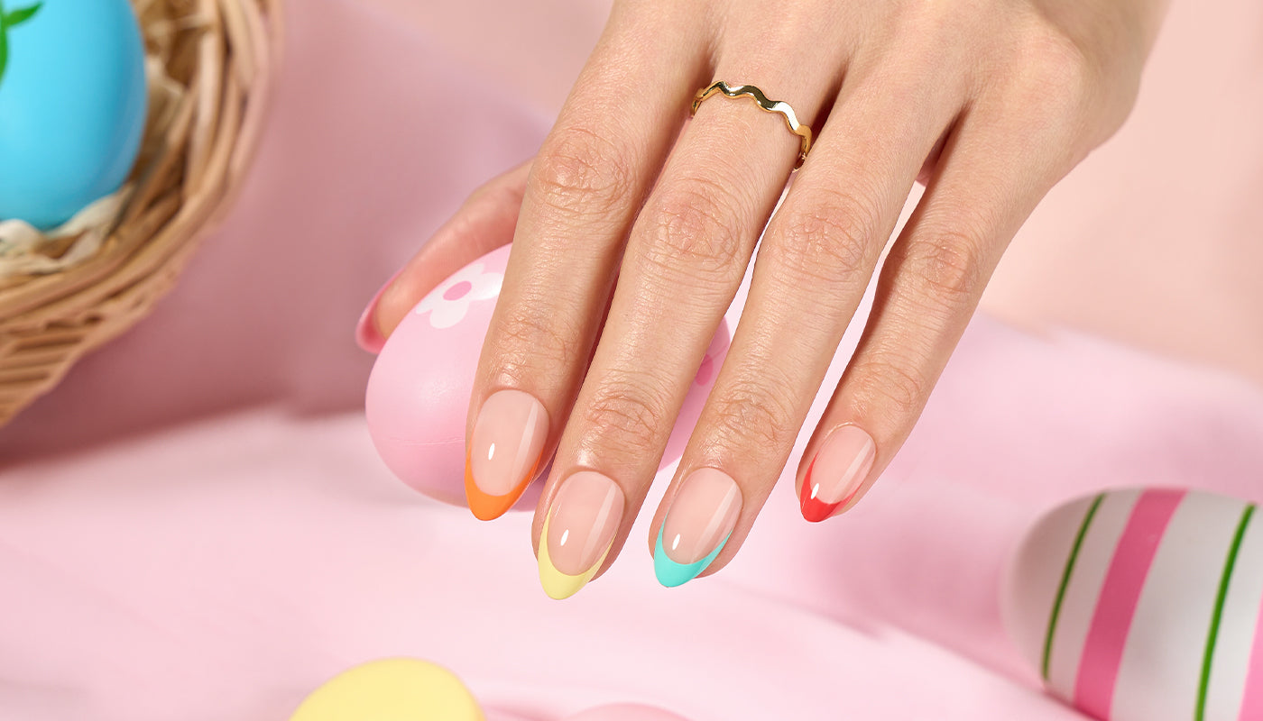 easter Rainbow-Colorful-French-Tips press-on nails with wicker basket, spring vibe