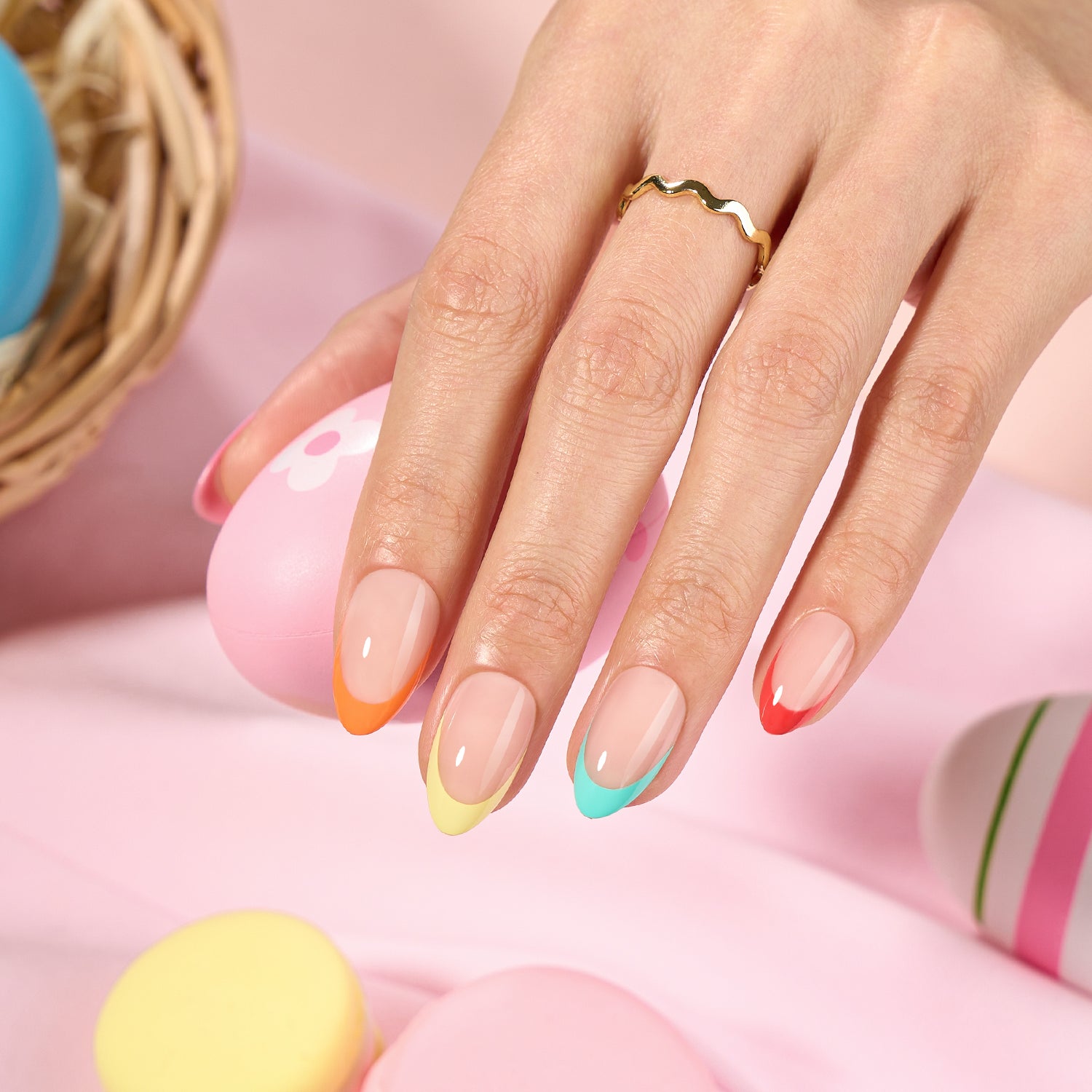 Rainbow Colorful French Tips easter press on nails, almond shape, soft spring nail design