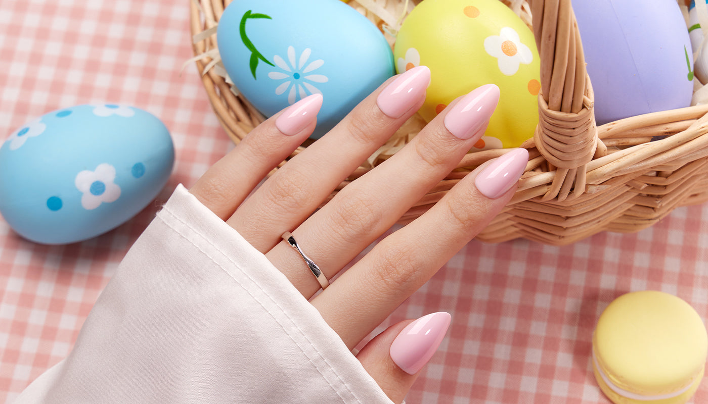 pastel pink easter press-on nails on hand, almond shape, perfect for spring outfits