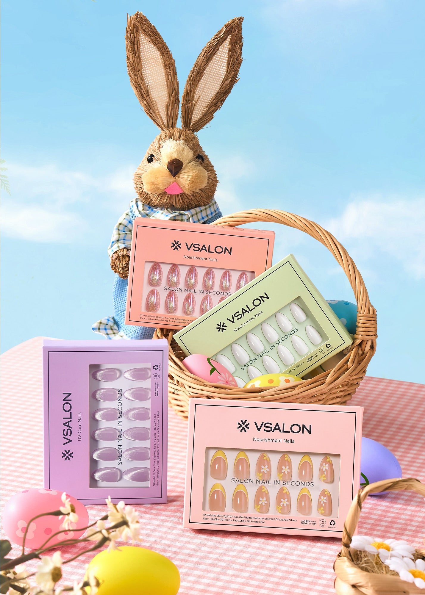 pastel pink easter press-on nails with bunny, cute spring nail design