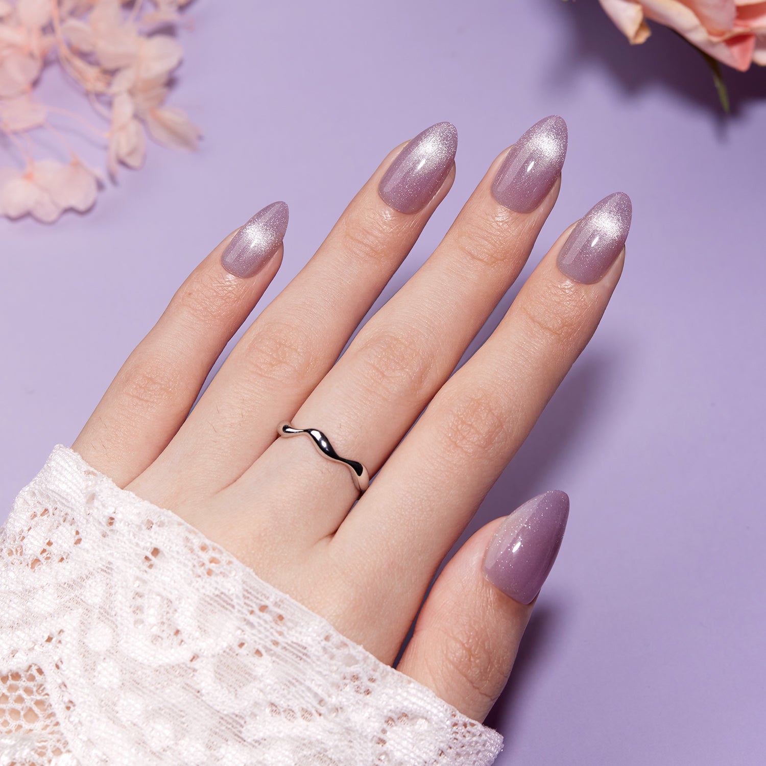 pastel purple easter press-on nails, almond shape, soft spring nail design