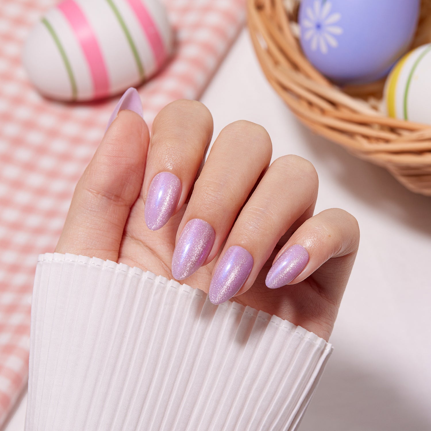 pastel purple easter press-on nails, almond shape, soft spring nail design