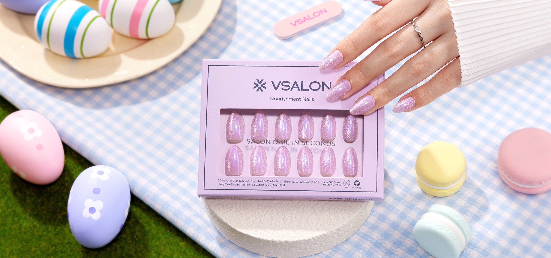 easter press-on nails set in purple, with packaging box, perfect for spring gift PC