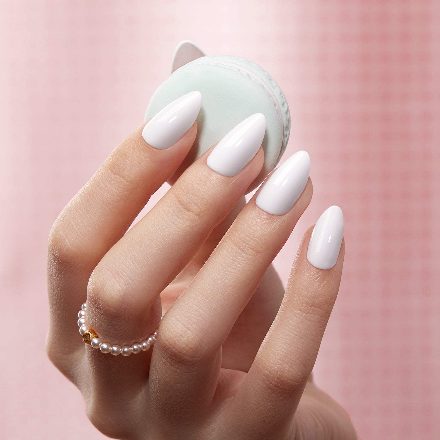 white easter press-on nails, almond shape, soft spring nail design