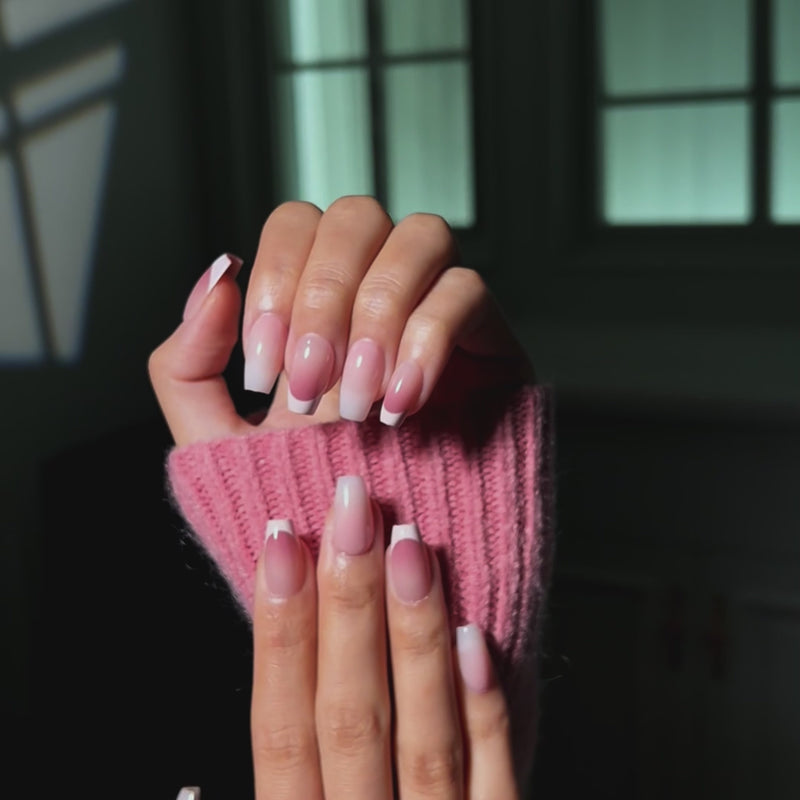 VSALON Dual Glam Nails Belle De Jour French Tips Short Coffin Press On Nails - Model's hands with fingers crossed showing VSALON press on nails – highlighting nail design and style