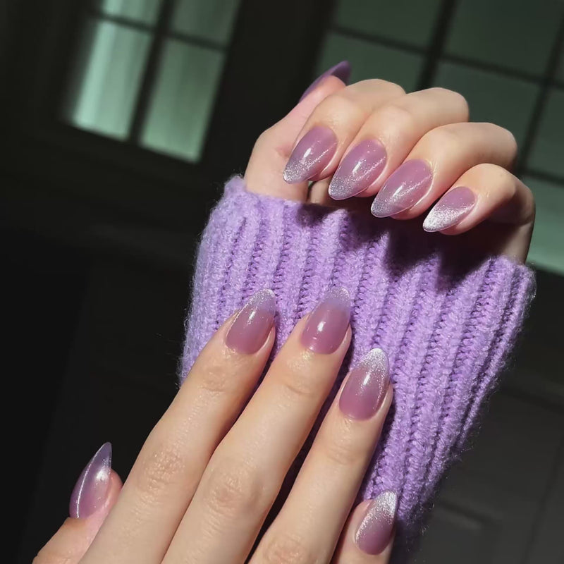 VSALON UV Cure Nails Mist Lilac Lavender Cat Eye Short Almond Press On Nails - Model showing nails with both hands – displaying nail design and manicure style