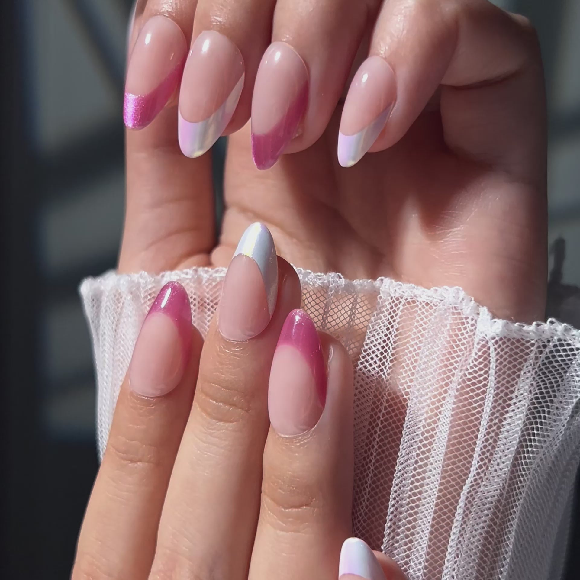 Load video: VSALON Dual Glam Nails Liberty Tips Pink French Tips Short Almond Press On Nails - Model showing nails with both hands – displaying nail design and manicure style