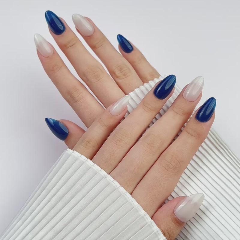 VSALON Dual Glam Nails Sky Cloud Blue Solid Color Short Almond Press On Nails - Model showing nails with both hands – displaying nail design and manicure style