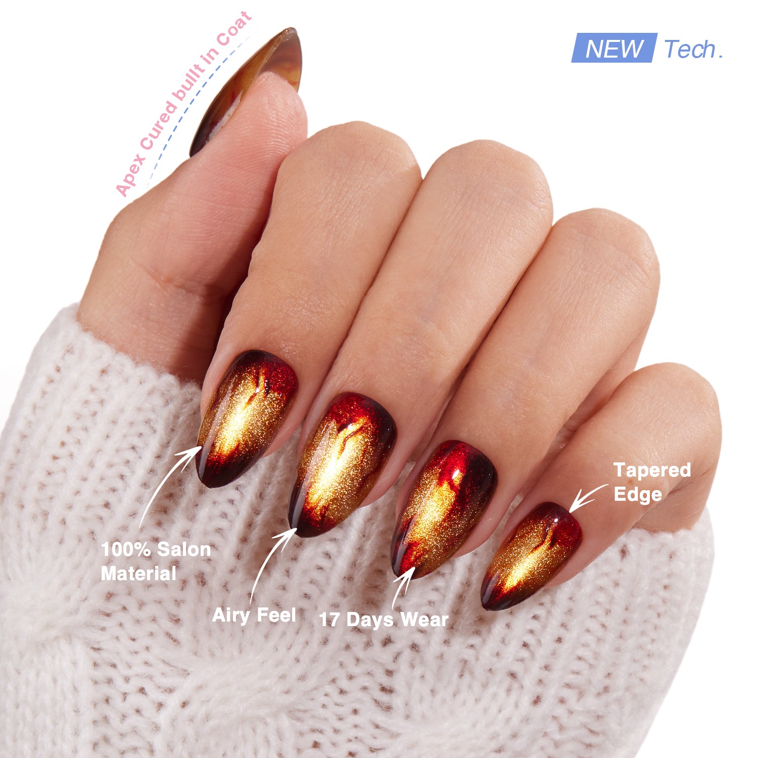 VSALON Nourishment Amber Whisper Golden Brown Cat Eye Flame Medium Almond Press On Nails - salon-quality finish and perfect shine.