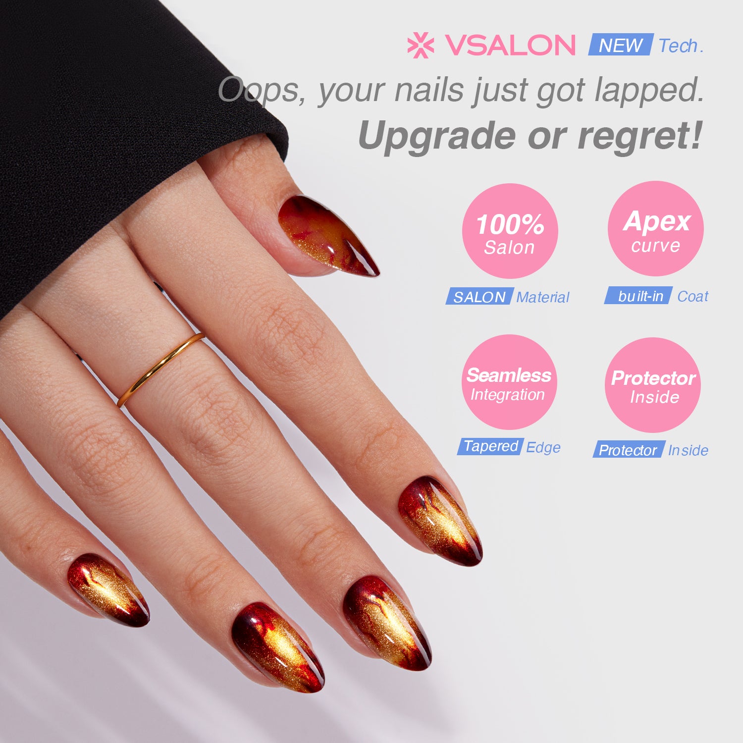 VSALON Nourishment Amber Whisper Golden Brown Cat Eye Flame Medium Almond Press On Nails - last up to 25+ days, salon-quality durability.