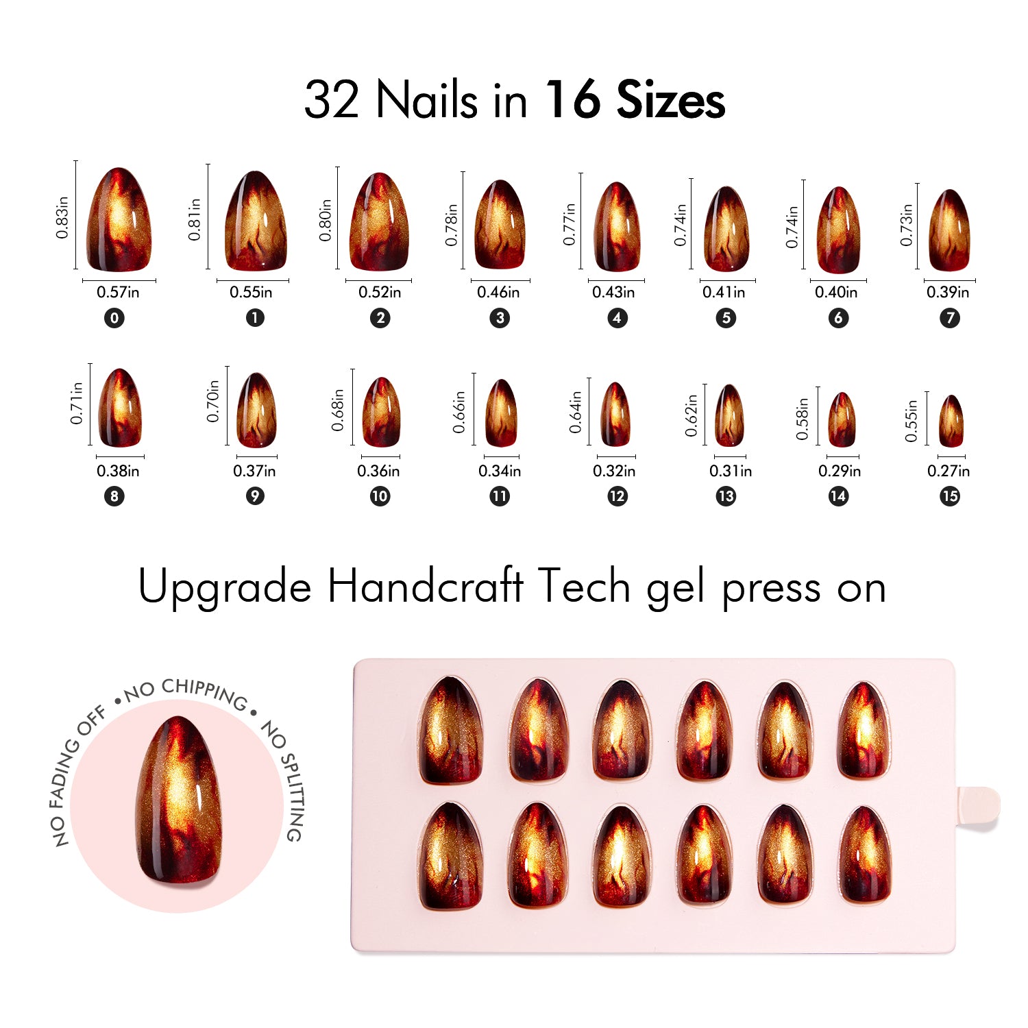 VSALON Nourishment Amber Whisper Golden Brown Cat Eye Flame Medium Almond Press On Nails Size Chart – shows length and width for each press on nail.