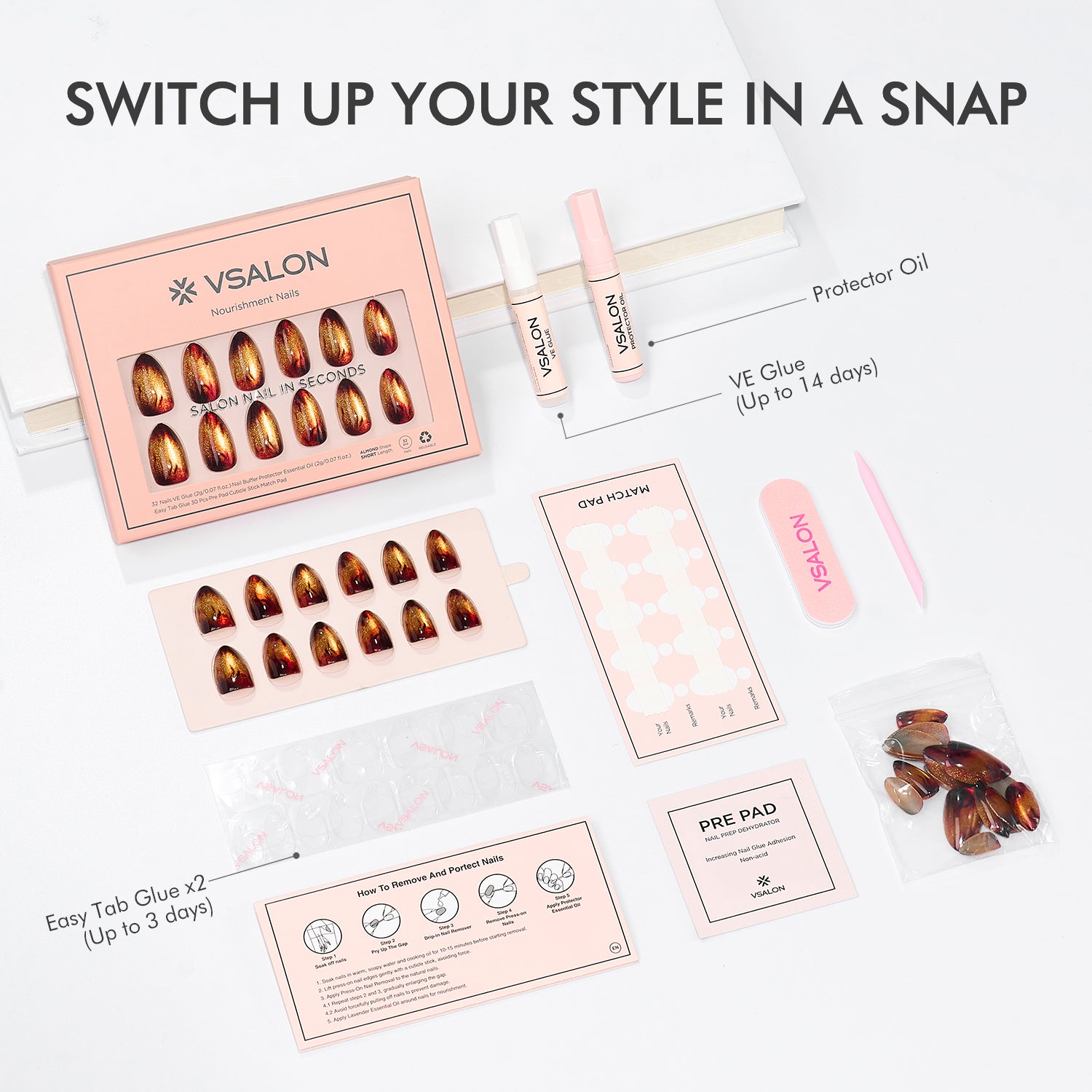 VSALON Nourishment Amber Whisper Golden Brown Cat Eye Flame Medium Almond Press On Nails - kit showing full package contents including nails, glue, and tools
