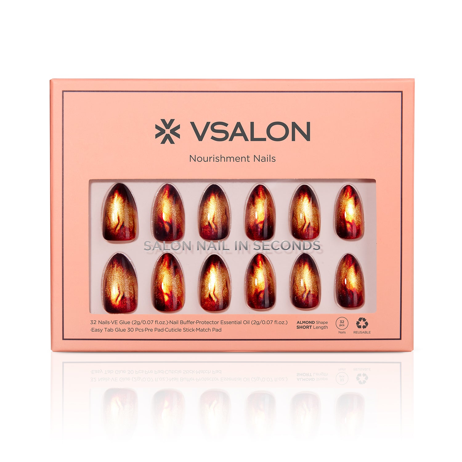 VSALON Nourishment Amber Whisper Golden Brown Cat Eye Flame Medium Almond Press On Nails - Front view of press on nails box showing style and nail set details