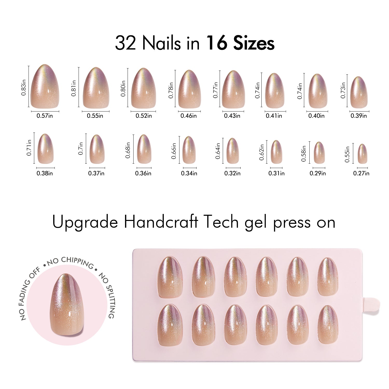 VSALON UV Cure Nails Autumn Gold Cat Eye Short Almond Press On Nails Size Chart – shows length and width for each press on nail.