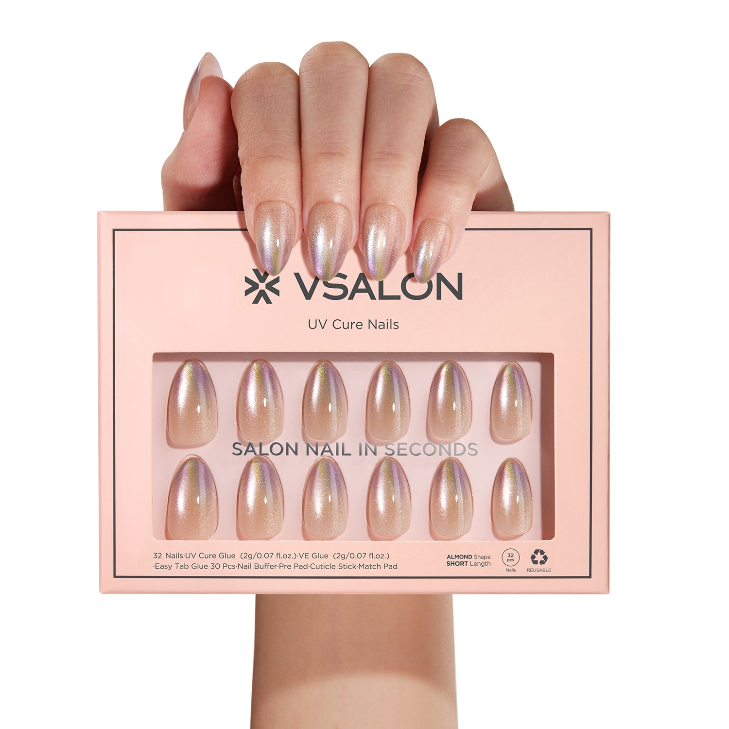VSALON UV Cure Nails Autumn Gold Cat Eye Short Almond Press On Nails - durable, easy to apply at home.