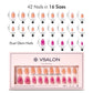 VSALON Dual Glam Nails Barlow Girl Pink French Tips Short Almond Press On Nails Size Chart – shows length and width for each press on nail.