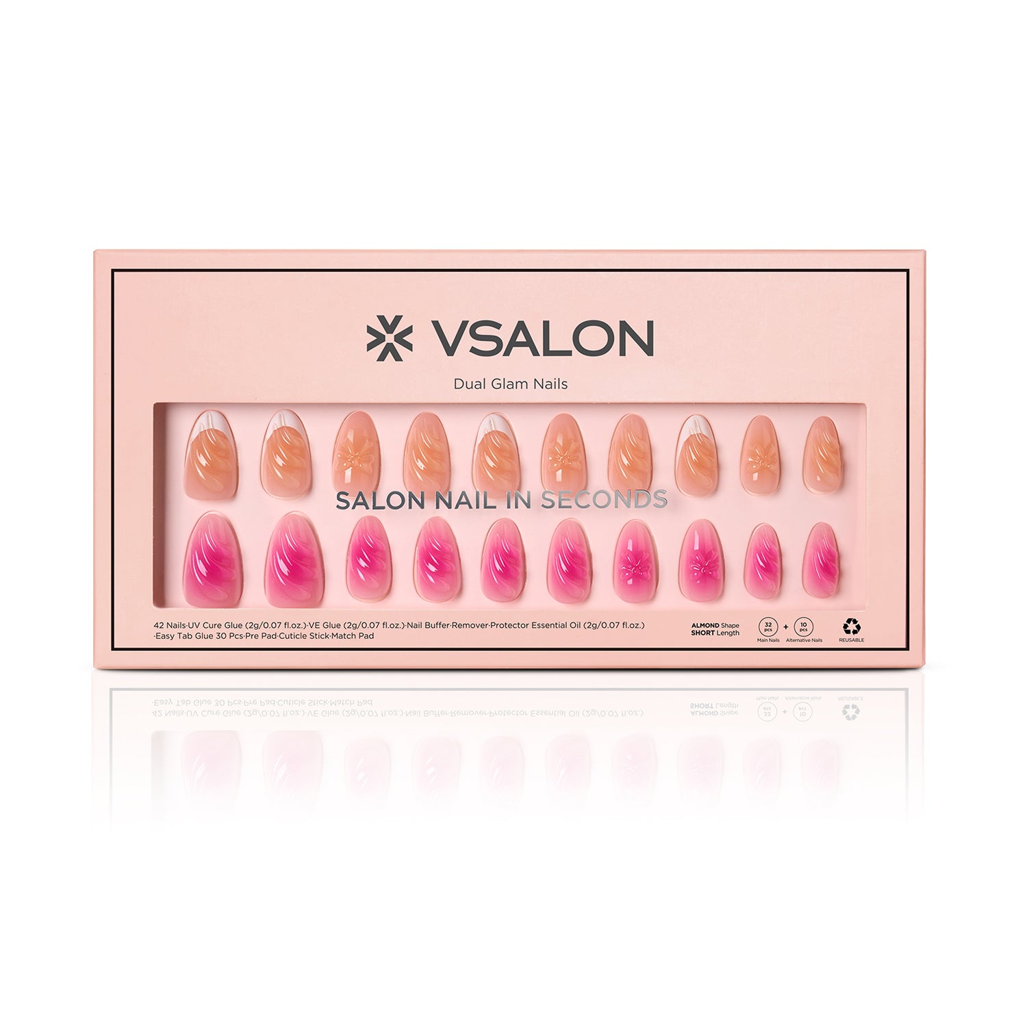 VSALON Dual Glam Nails Barlow Girl Pink French Tips Short Almond Press On Nails - easy to apply, salon-quality, lasts 25+ days.