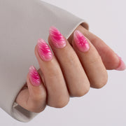 VSALON Dual Glam Nails Barlow Girl Pink French Tips Short Almond Press On Nails - Close-up of model's hand bending fingers to hold VSALON press on nails – highlighting nail design and color details