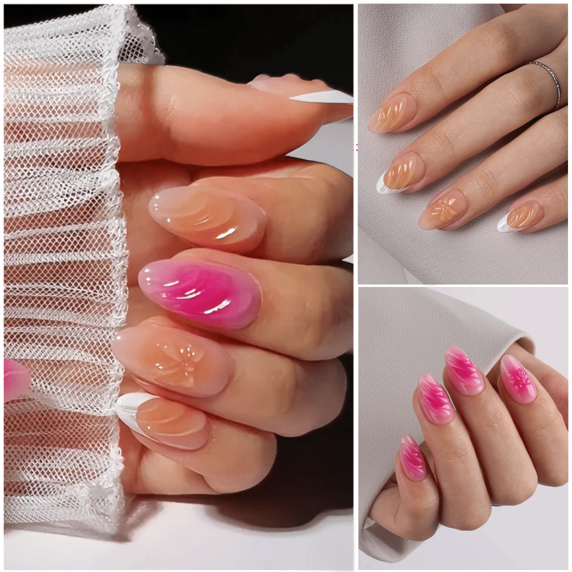 VSALON Dual Glam Nails Barlow Girl Pink French Tips Short Almond Press On Nails - Model showing nails with both hands – displaying nail design and manicure style