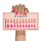 VSALON Dual Glam Nails Barlow Girl Pink French Tips Short Almond Press On Nails - Model holding VSALON press on nails box diagonally with both hands – highlighting packaging and nail set presentation