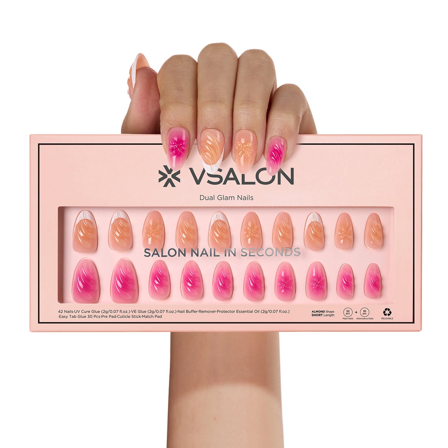 VSALON Dual Glam Nails Barlow Girl Pink French Tips Short Almond Press On Nails - Model holding VSALON press on nails box diagonally with both hands – highlighting packaging and nail set presentation
