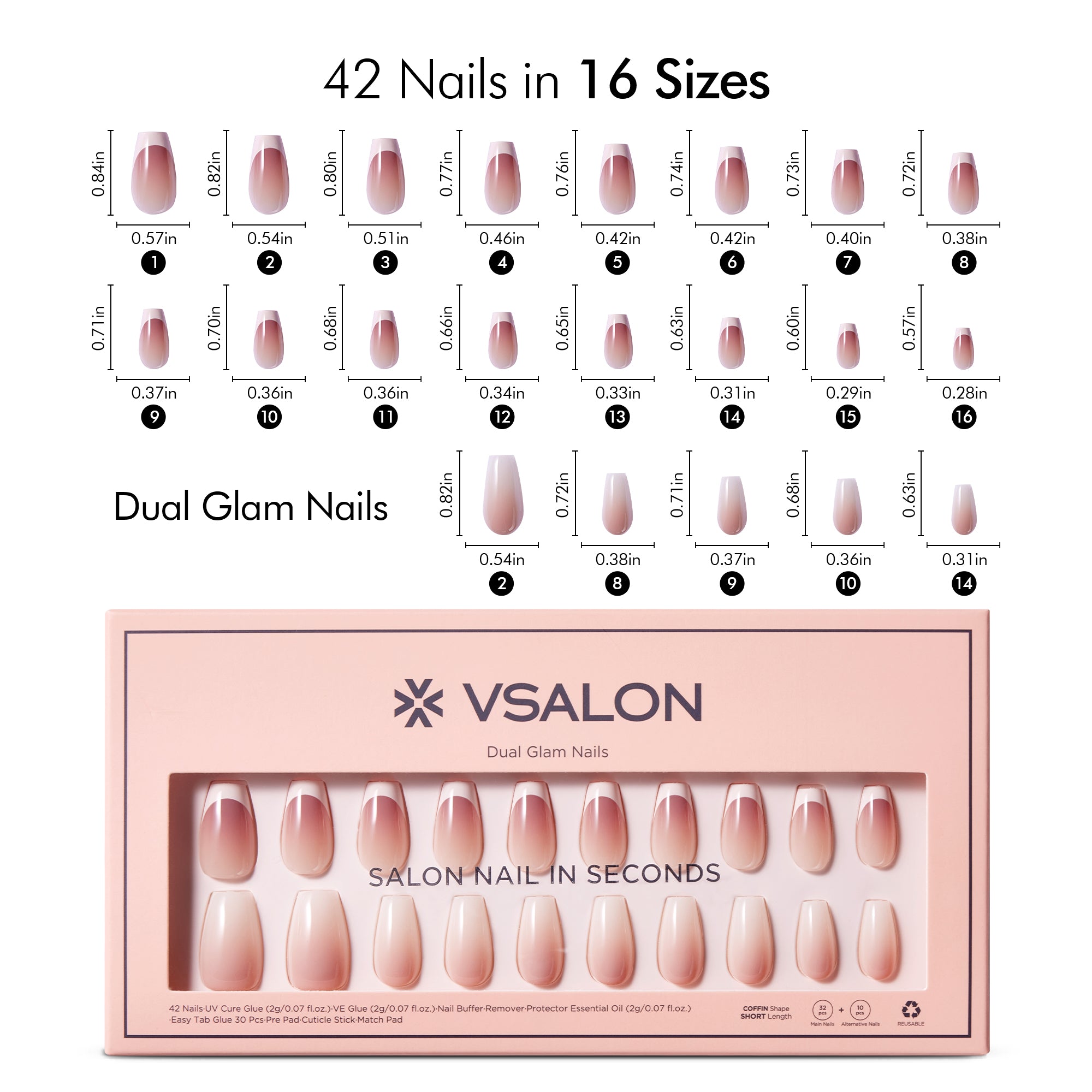 VSALON Dual Glam Nails Belle De Jour French Tips Short Coffin Press On Nails Size Chart – shows length and width for each press on nail.