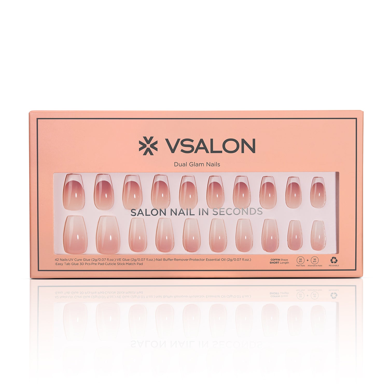 VSALON Dual Glam Nails Belle De Jour French Tips Short Coffin Press On Nails - Front view of VSALON press on nails box showing style and nail set details