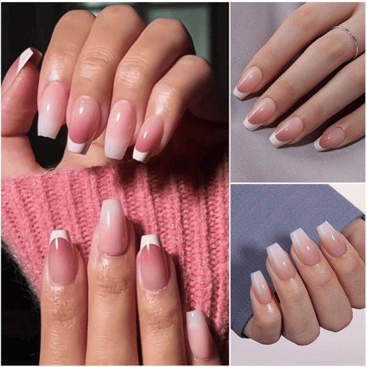 VSALON Dual Glam Nails Belle De Jour French Tips Short Coffin Press On Nails - Model showing nails with both hands – displaying nail design and manicure style