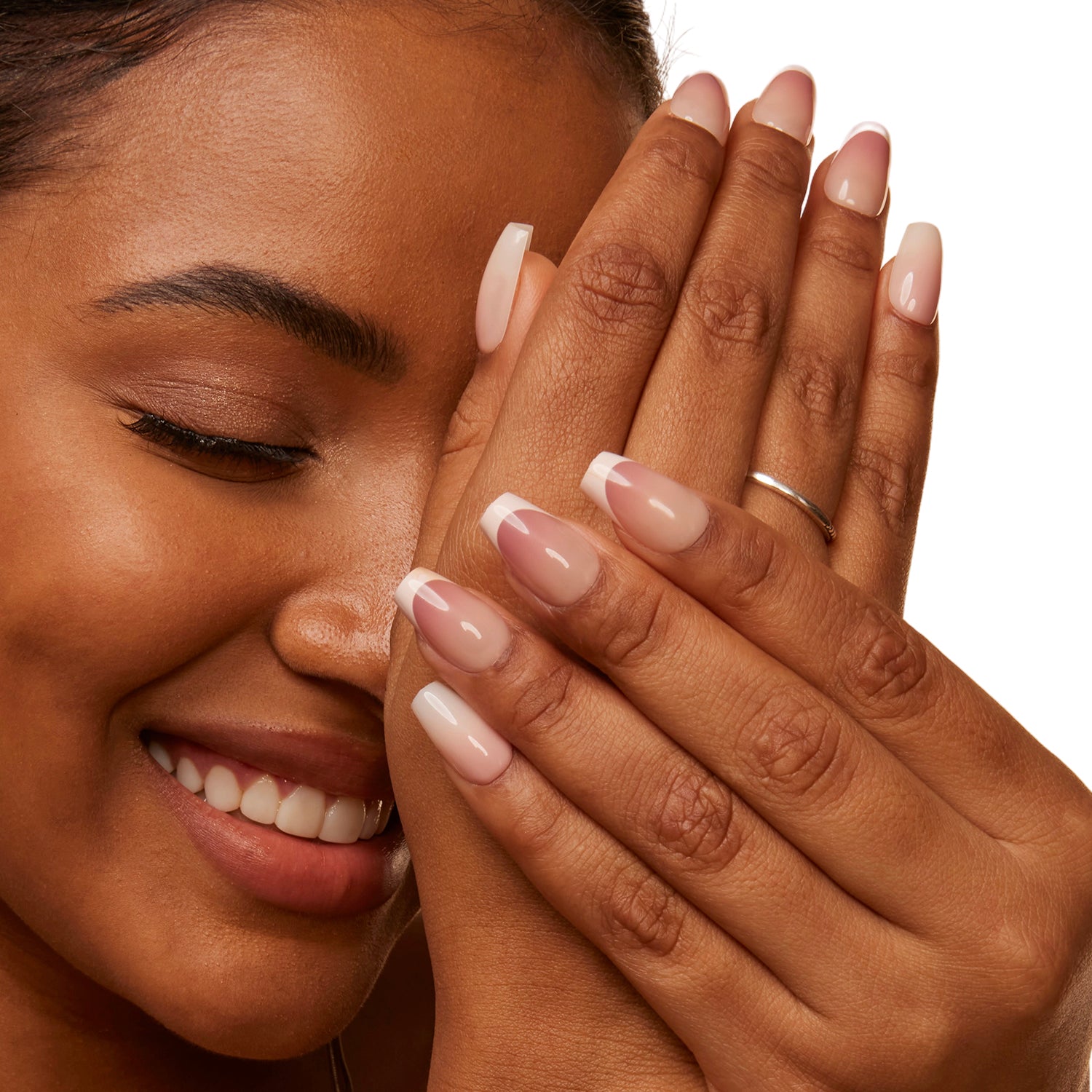 VSALON Dual Glam Nails Belle De Jour French Tips Short Coffin Press On Nails - Model's hands with fingers crossed showing VSALON press on nails – highlighting nail design and style