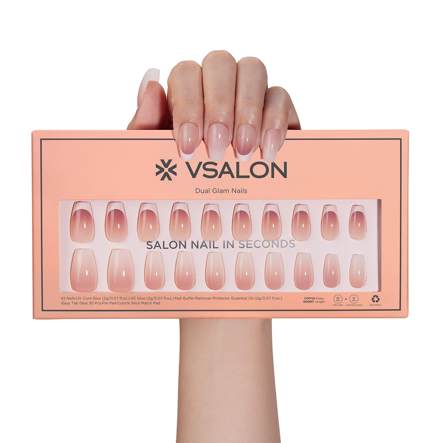 VSALON Dual Glam Nails Belle De Jour French Tips Short Coffin Press On Nails - model's hand holding the top of the box – displaying nail design and product packaging