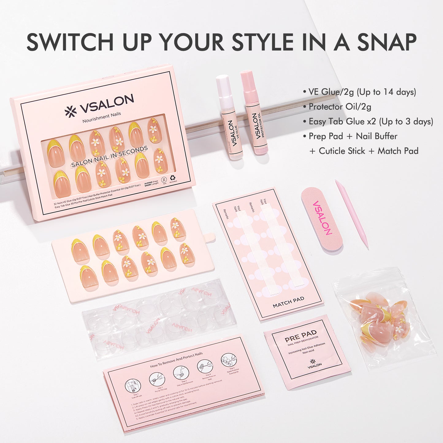 VSALON Nourishment Chamomile Floral Short Almond Press On Nails - last up to 25+ days, salon-quality durability.