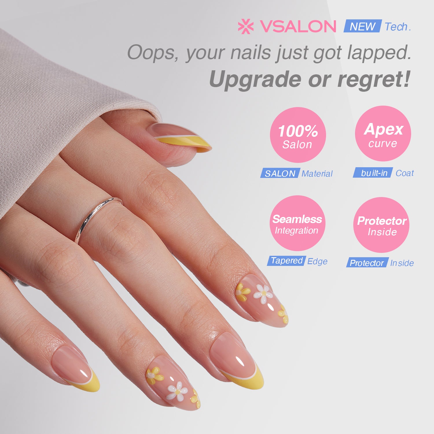 VSALON Nourishment Chamomile Floral Short Almond Press On Nails - last up to 25+ days, salon-quality durability.