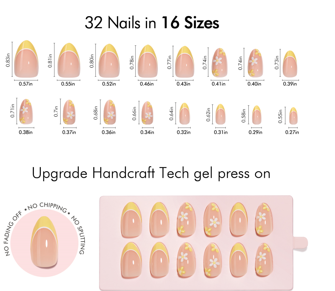 VSALON Nourishment Chamomile Floral Short Almond Press On Nails Size Chart – shows length and width for each press on nail.