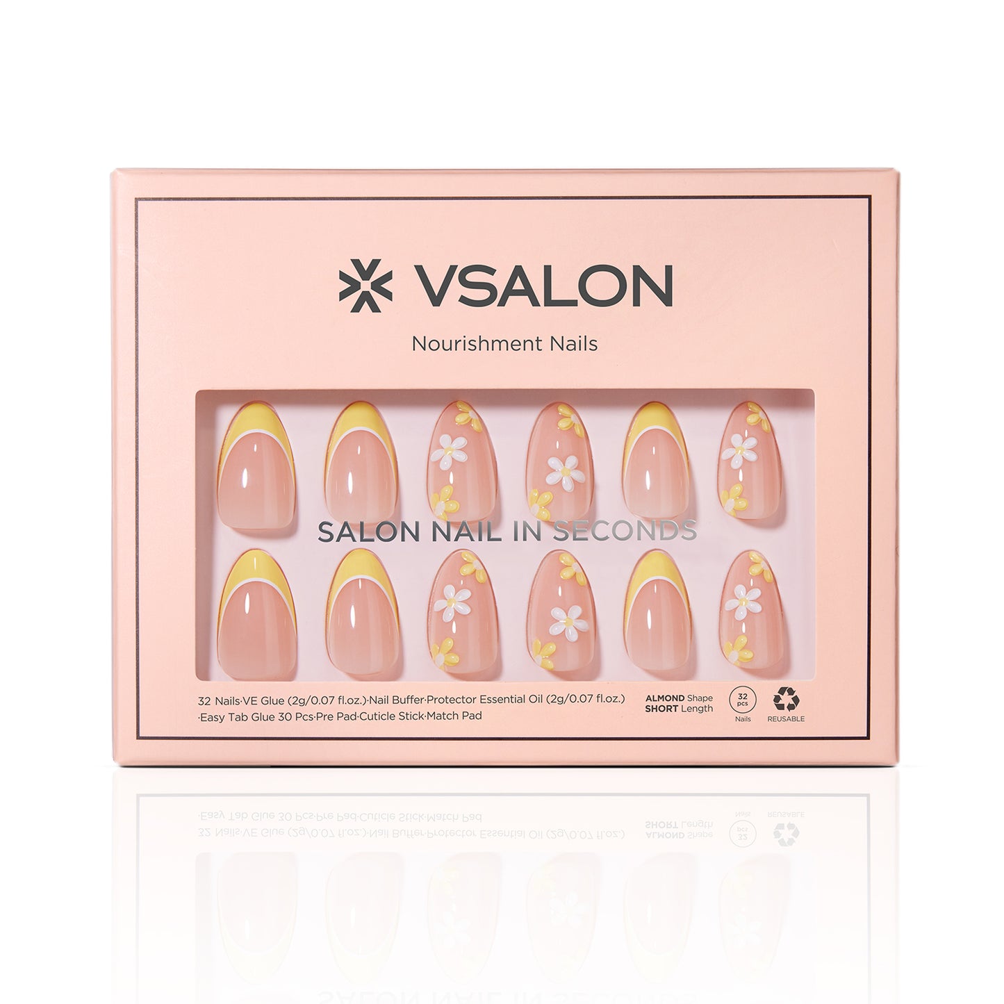 VSALON Nourishment Chamomile Floral Short Almond Press On Nails - easy to apply, salon-quality, lasts 25+ days.