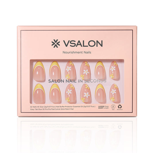 VSALON Nourishment Chamomile Floral Short Almond Press On Nails - easy to apply, salon-quality, lasts 25+ days.