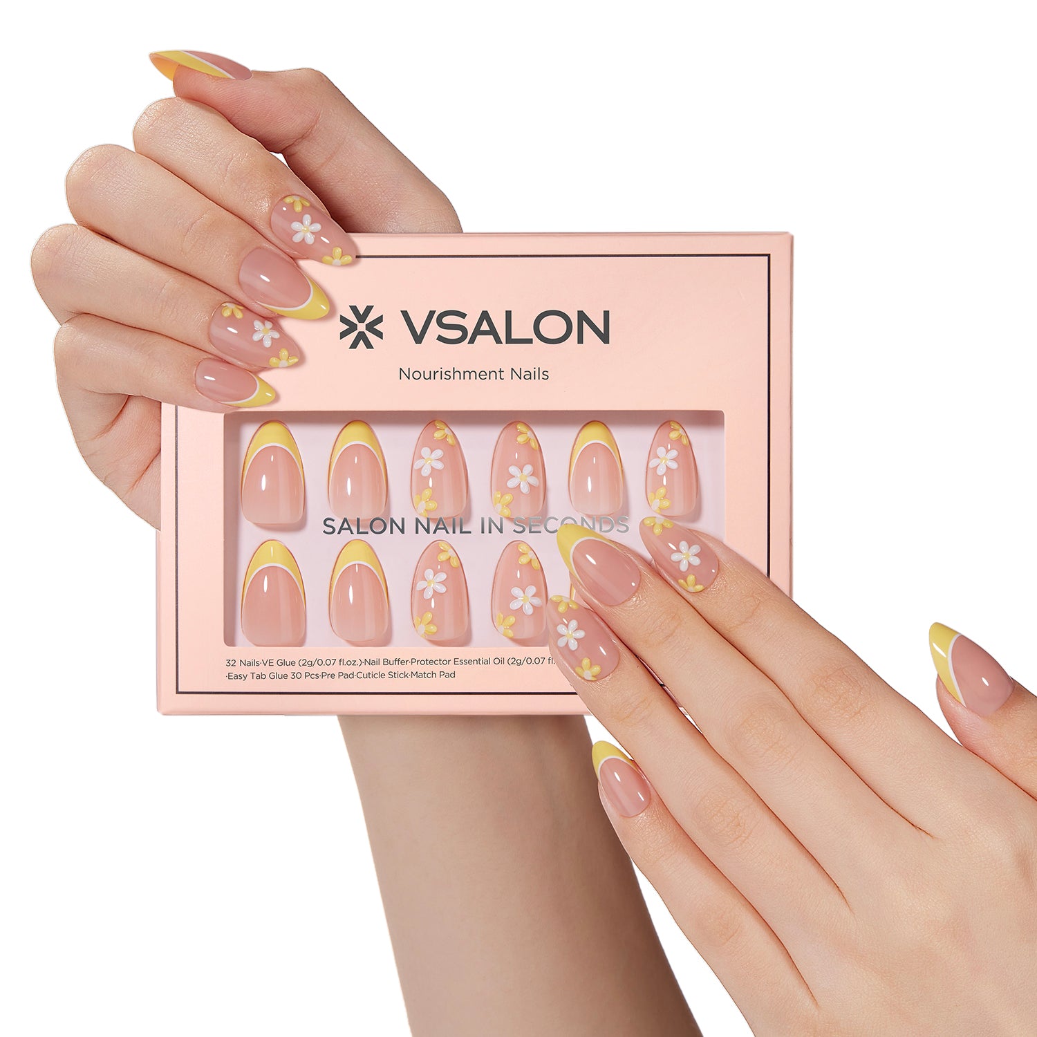 VSALON Nourishment Chamomile Floral Short Almond Press On Nails - salon-quality, long-lasting.