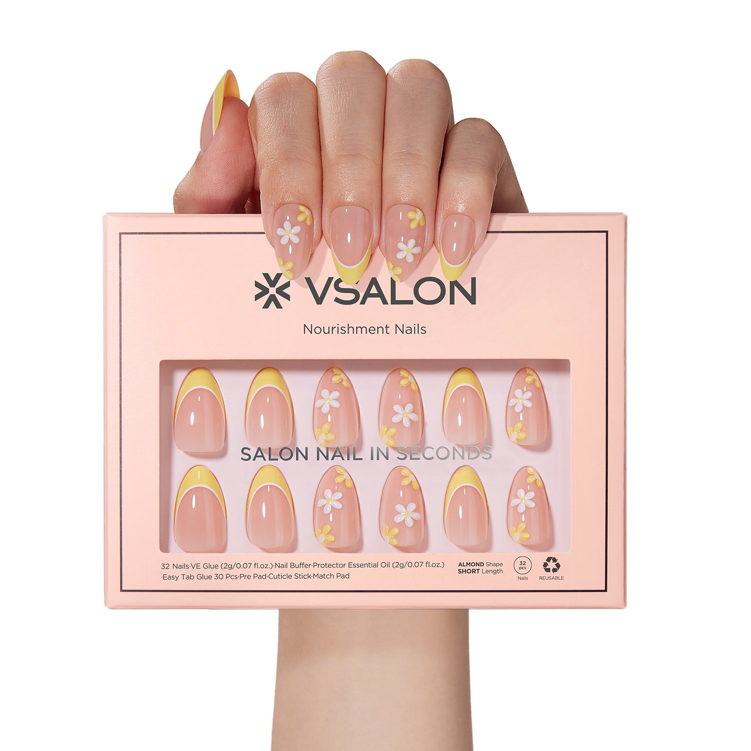 VSALON Nourishment Chamomile Floral Short Almond Press On Nails - salon-quality, long-lasting.