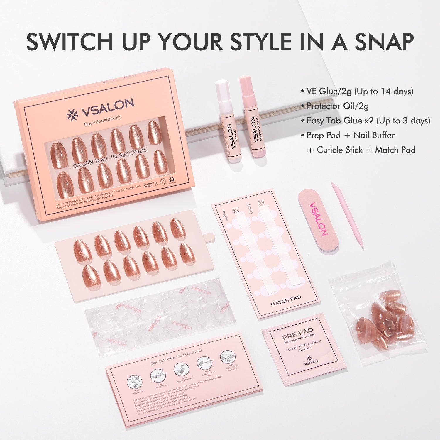 VSALON Nourishment Champagne Glaze pink Short Almond Press On Nails - durable, easy to apply at home.