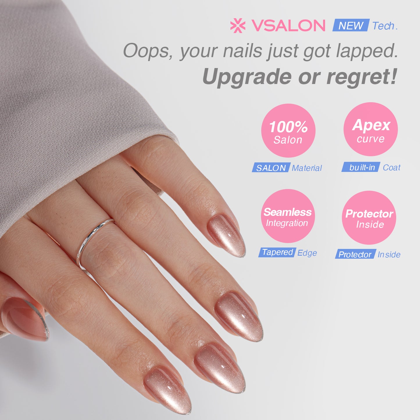 VSALON Nourishment Champagne Glaze pink Short Almond Press On Nails - last up to 25+ days, salon-quality durability.