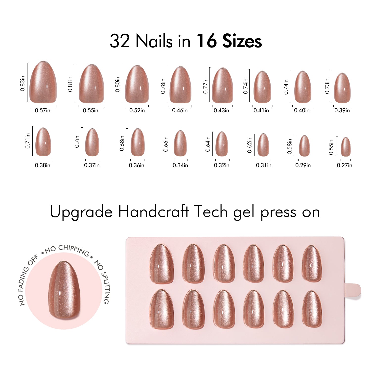 VSALON Nourishment Champagne Glaze pink Short Almond Press On Nails Size Chart – shows length and width for each press on nail.