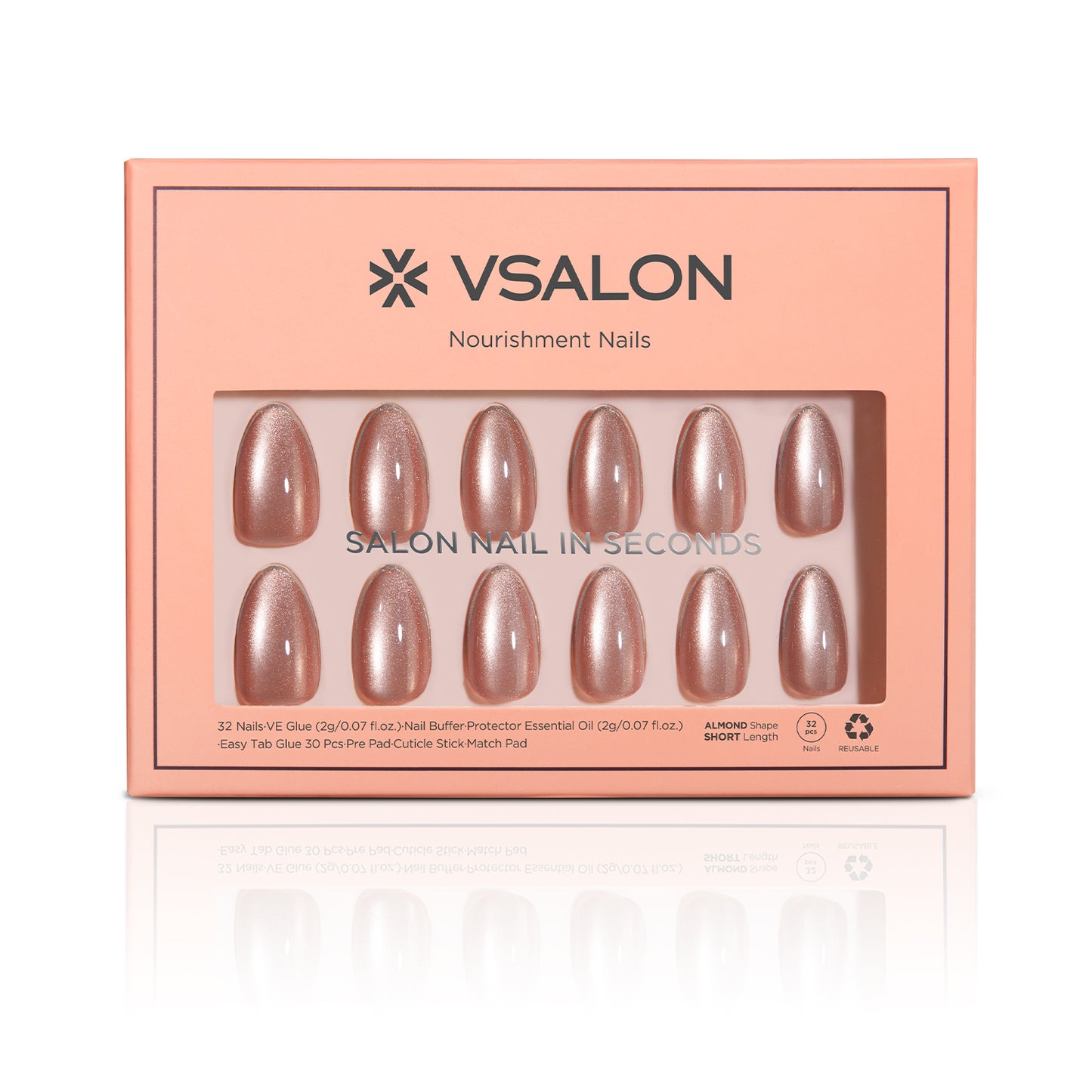 VSALON Nourishment Champagne Glaze pink Short Almond Press On Nails - easy to apply, salon-quality, lasts 25+ days.