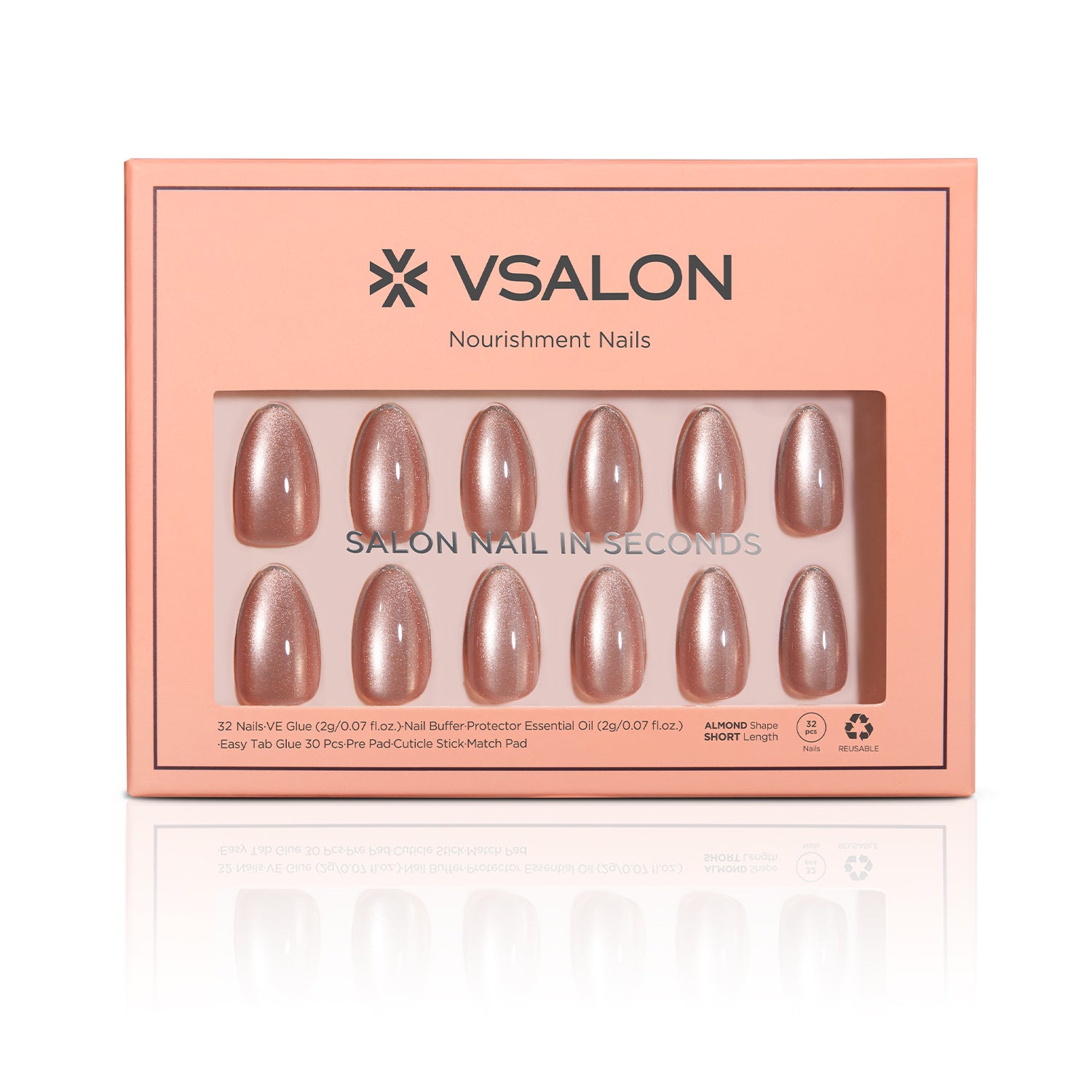 VSALON Nourishment Champagne Glaze pink Short Almond Press On Nails - easy to apply, salon-quality, lasts 25+ days.