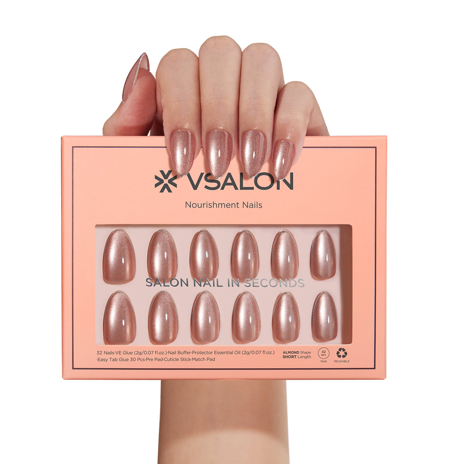VSALON Nourishment Champagne Glaze pink Short Almond Press On Nails - durable, easy to apply at home.