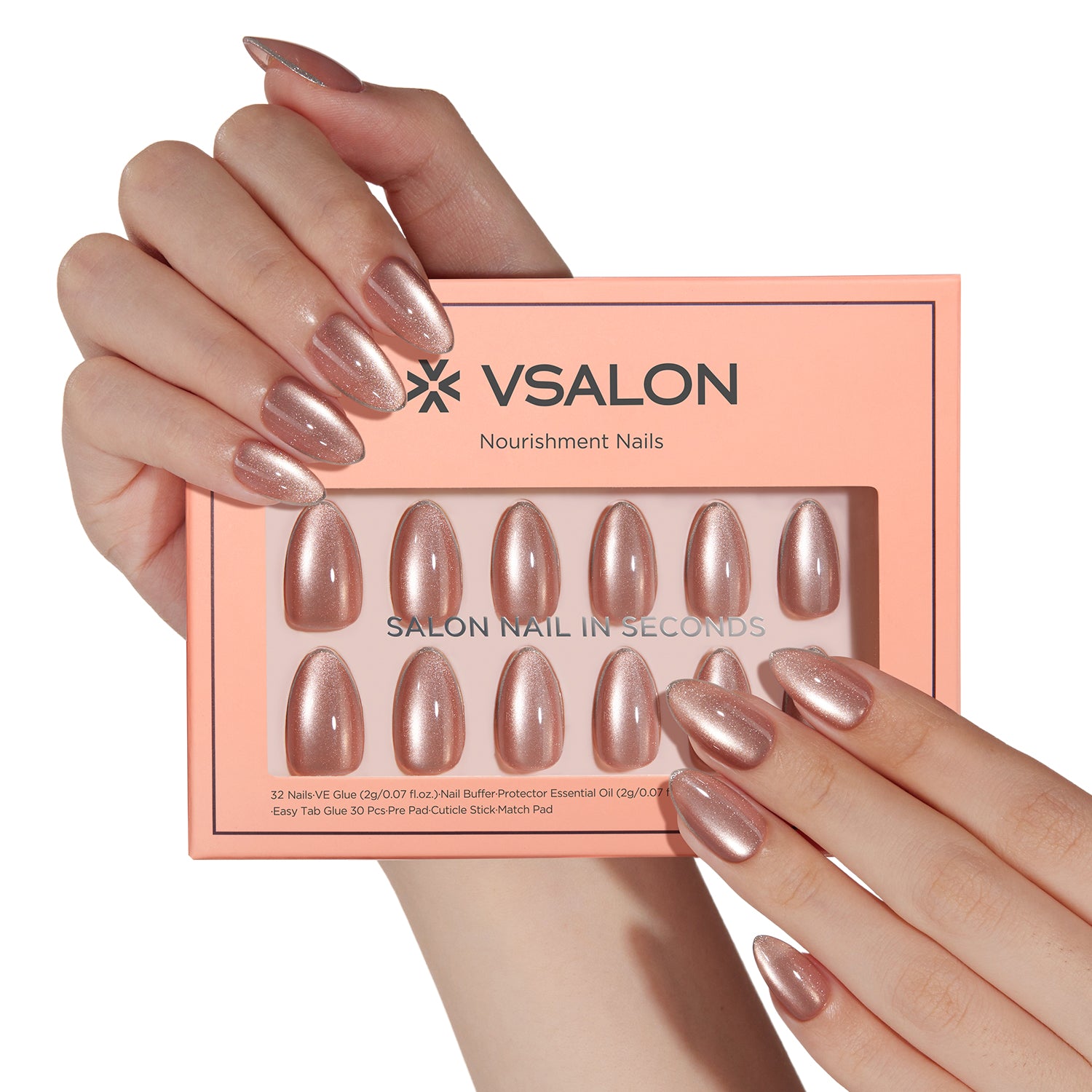 VSALON Nourishment Champagne Glaze pink Short Almond Press On Nails - salon-quality, long-lasting.