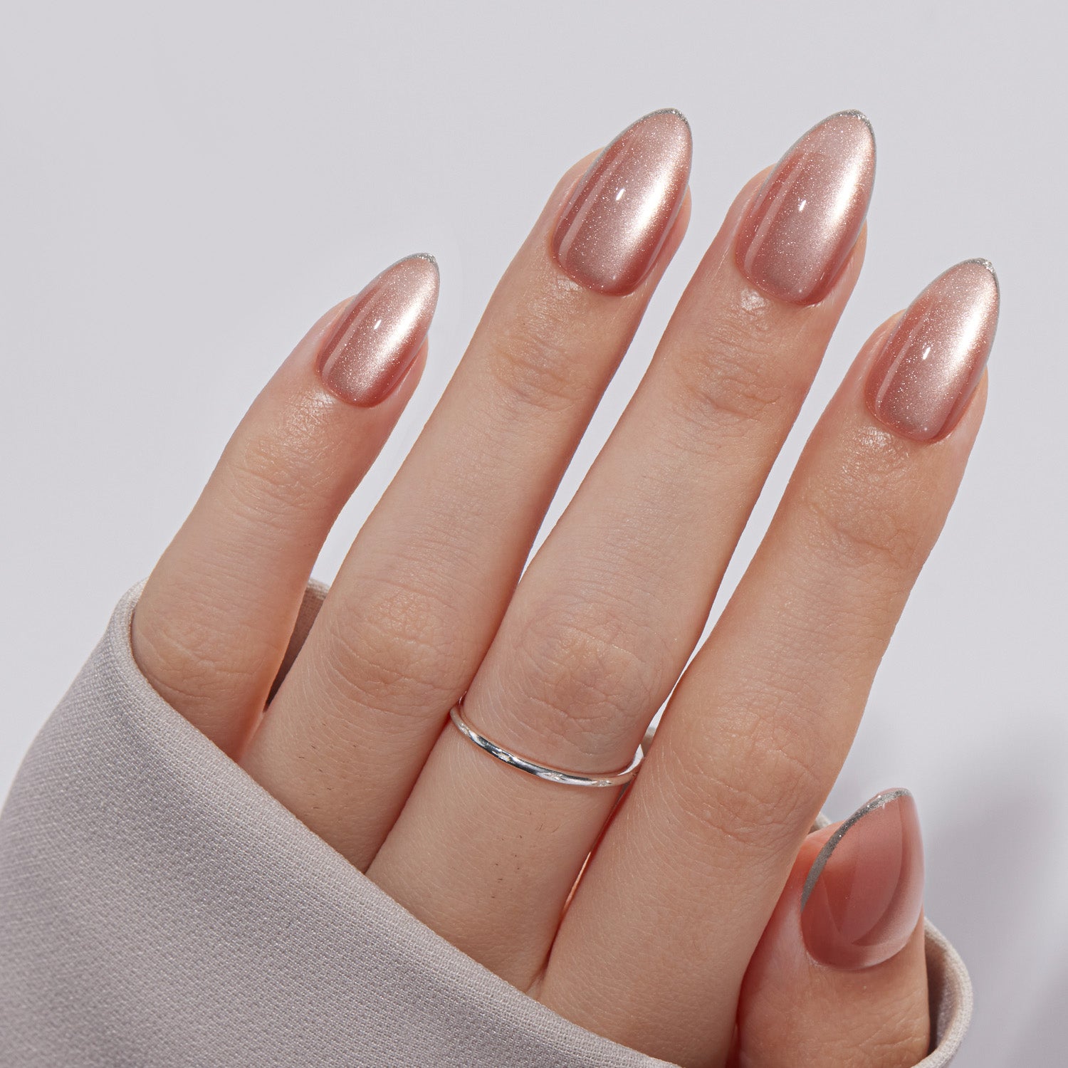 VSALON Nourishment Champagne Glaze pink Short Almond Press On Nails - elegant look worn on hands